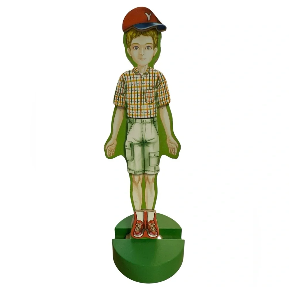 Magnetic Boy Dress Up Wooden Box, Model, Stand, and Clothing Items Used